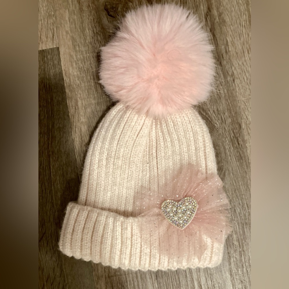Toddler winter pink Pom Pom hat. Fits 2-4T